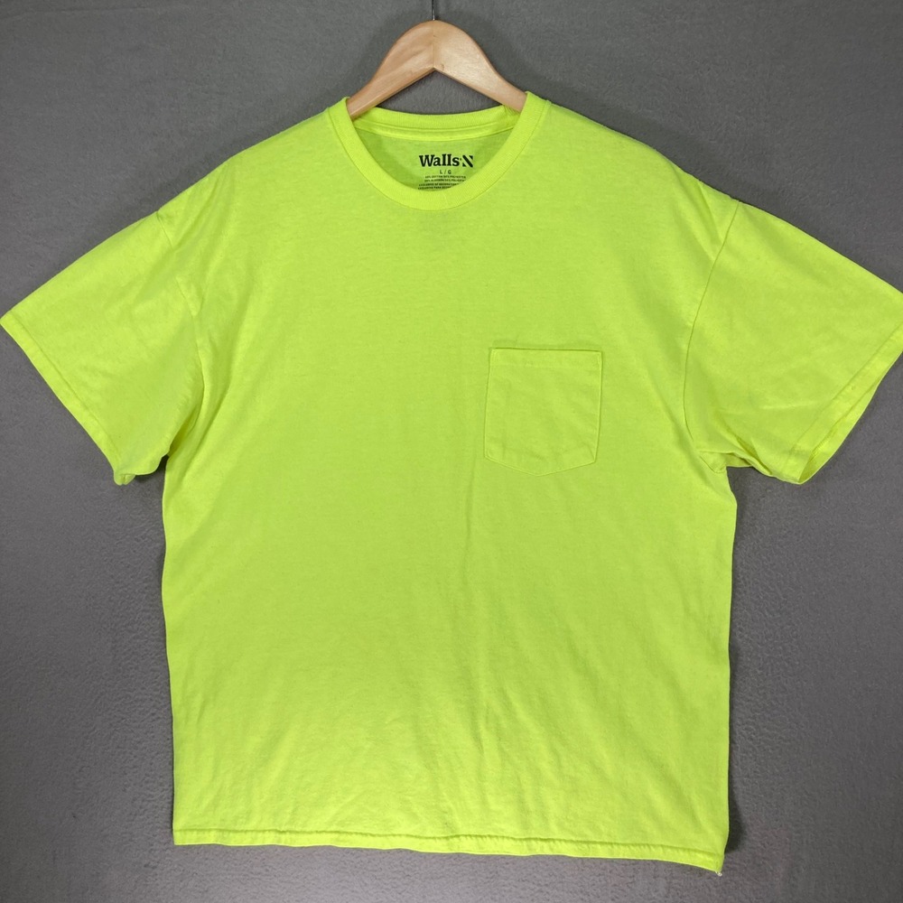 Walls Mens Large Hi Vis Safety Pocket T Shirt‎ Neon Yellow Workwear Short Sleeve
